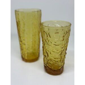VTG Anchor Hocking Amber Yellow Textured Tumblers Set 2 - 5.5" & 7" Mid-Century